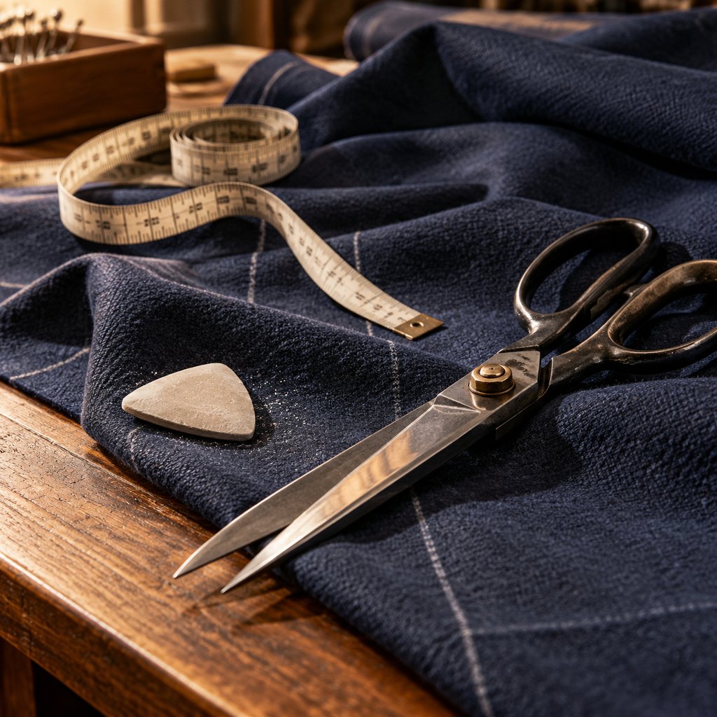 Measuring tape, chalk and shears on navy cloth