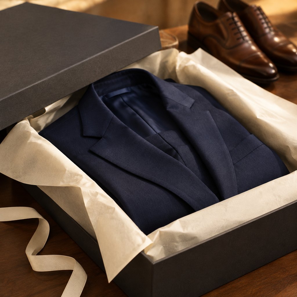 A folded suit in a garment box with tissue paper