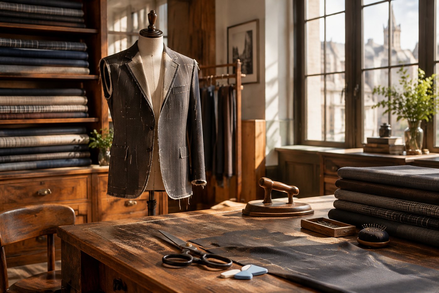 A jacket on a dress form in the atelier