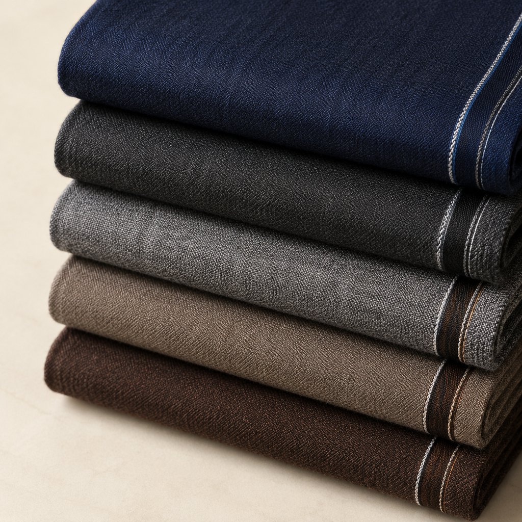Stacked wool suit cloth in navy, charcoal, grey, taupe and brown