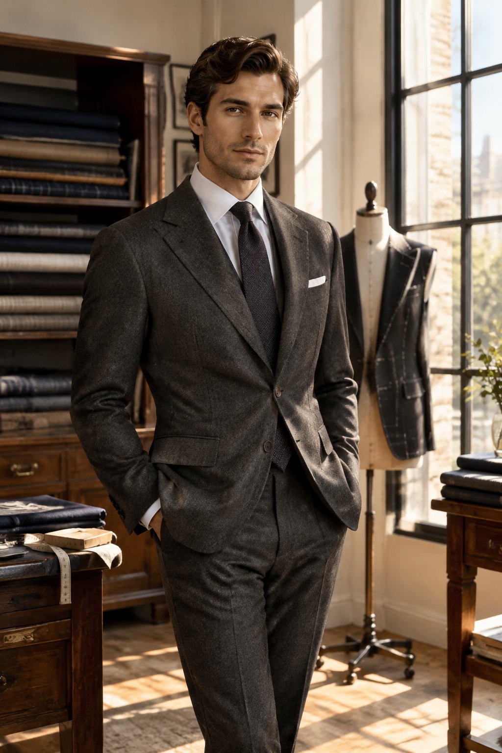 A man in a charcoal tailored suit in a sunlit atelier